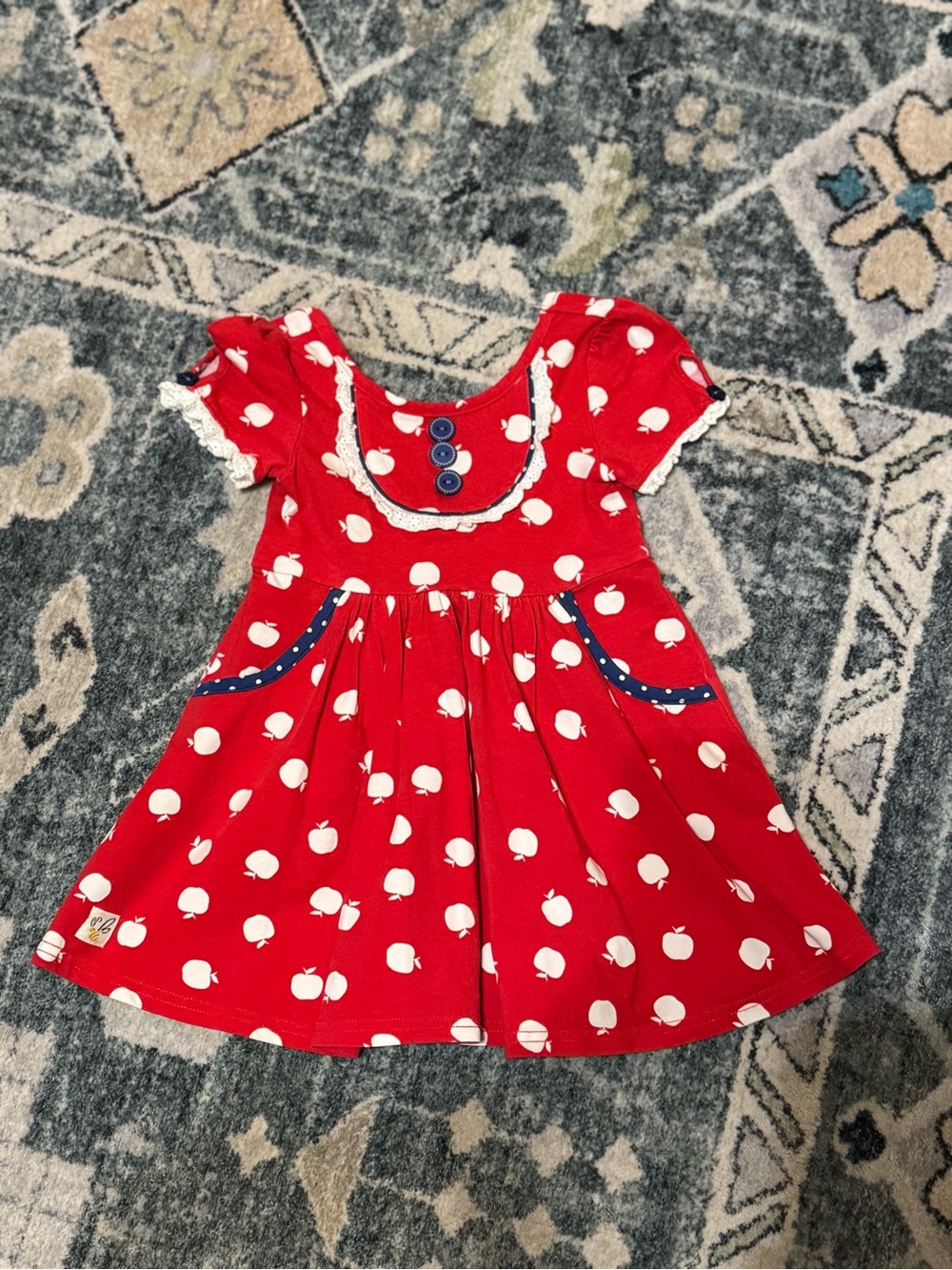 Wildflowers Red Apple-Print Girls Dress with Navy Trim